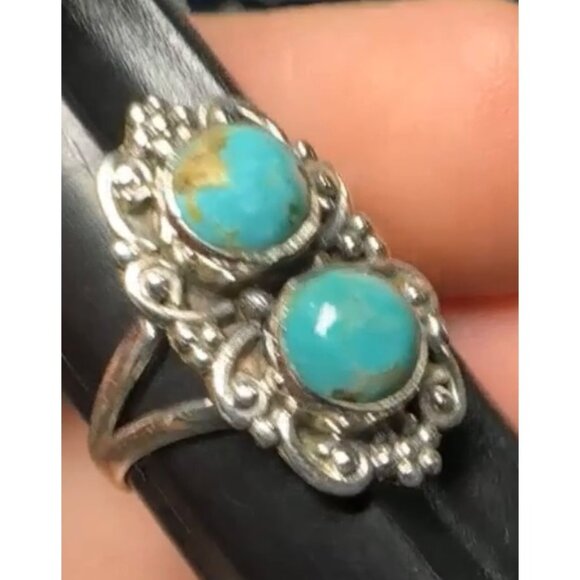 Double Turquoise Stone 925 Sterling Silver Ring Size 7 - Picture 3 of 7